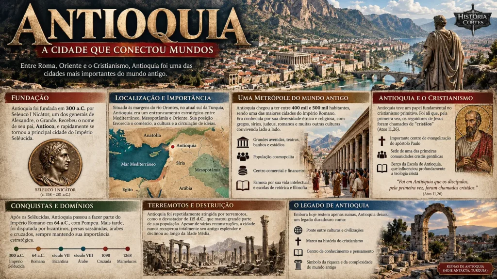 Infográfico sobre a história de Antioquia, mostrando sua fundação, localização, importância no Império Romano, cristianismo, conquistas, terremotos e legado histórico.