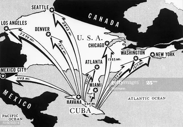 Mapa das bases cubanas onde estavam os mísseis.