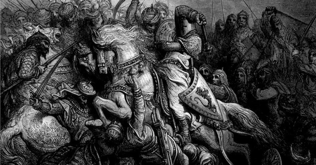 Representação dramática do combate entre cruzados e sarracenos durante a Terceira Cruzada, destacando a figura de Ricardo Coração de Leão em seu cavalo de batalha.