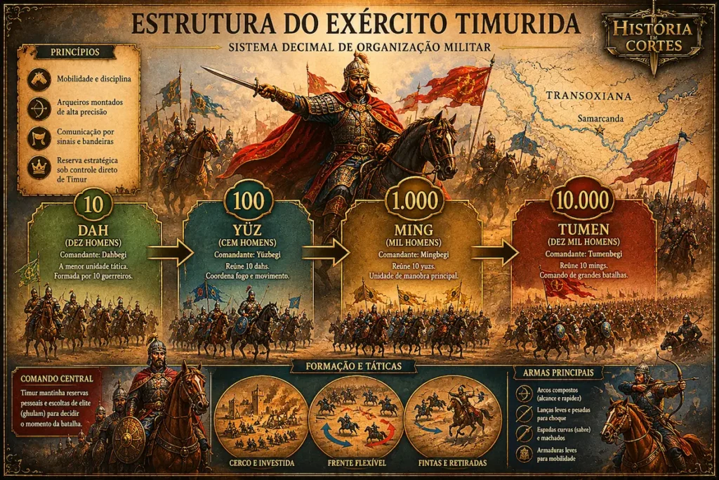 Infográfico mostrando a estrutura do exército timurida com sistema decimal de organização militar em unidades de 10, 100, 1.000 e 10.000 soldados.