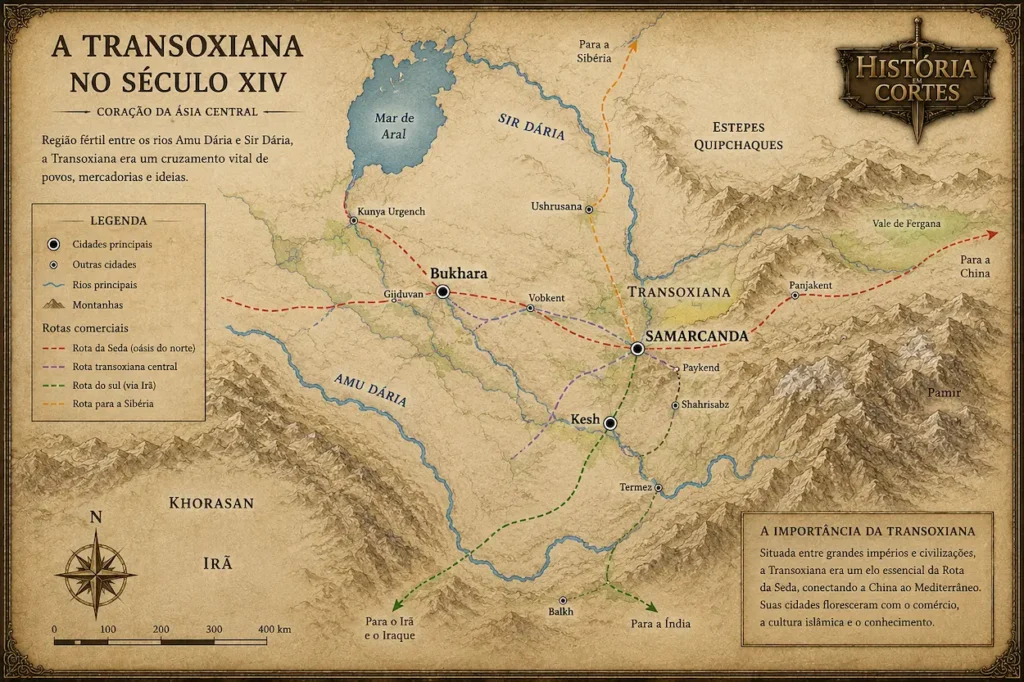 Mapa histórico da Transoxiana no século XIV mostrando Samarcanda, Bukhara, Kesh, os rios Amu Dária e Sir Dária e as principais rotas comerciais da Rota da Seda.