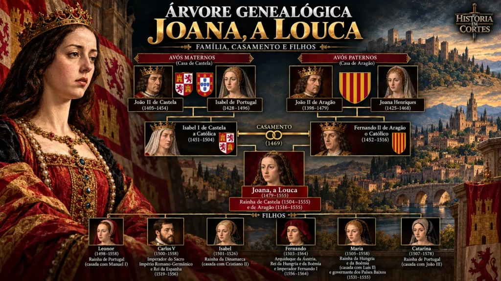 Árvore genealógica de Joana, a Louca, mostrando seus avós, os Reis Católicos, seu casamento com Filipe, o Belo, e seus seis filhos.