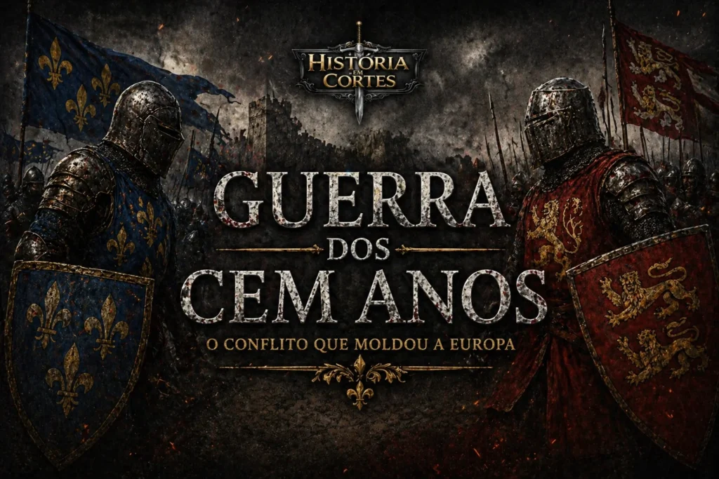 Guerra dos Cem Anos batalha medieval entre França e Inglaterra cavaleiros e estandartes