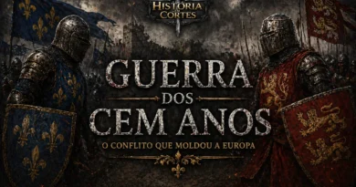 Guerra dos Cem Anos batalha medieval entre França e Inglaterra cavaleiros e estandartes