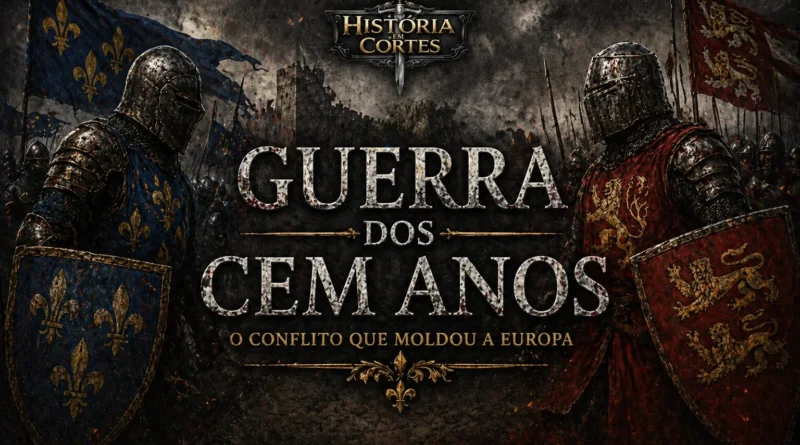Guerra dos Cem Anos batalha medieval entre França e Inglaterra cavaleiros e estandartes