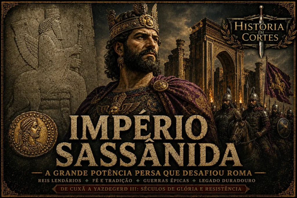 Ilustração do Império Sassânida com um xá sassânida em destaque, relevos persas, soldados de elite e ruínas monumentais, representando a grande potência da Pérsia Antiga.