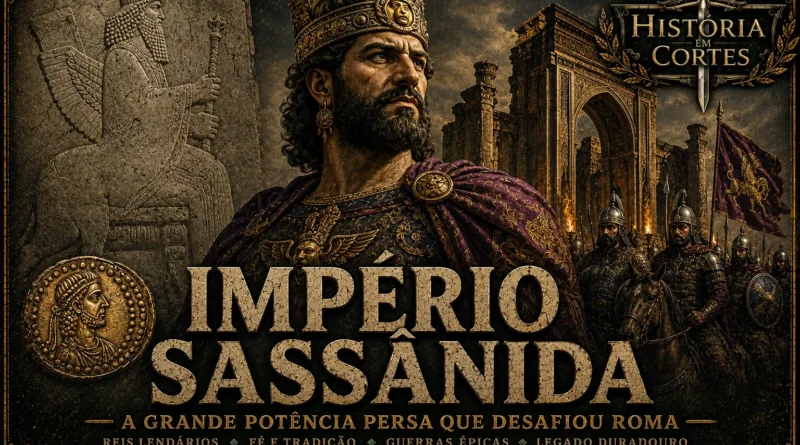 Ilustração do Império Sassânida com um xá sassânida em destaque, relevos persas, soldados de elite e ruínas monumentais, representando a grande potência da Pérsia Antiga.