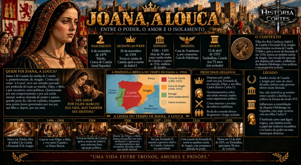 Infográfico sobre Joana, a Louca, rainha de Castela e Aragão, sua relação com Filipe, o Belo, as disputas pelo poder e sua longa reclusão em Tordesilhas.