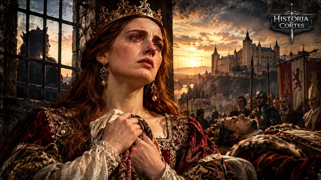 Joana, a Louca, rainha de Castela e Aragão, em representação artística com Filipe, o Belo, ao fundo
