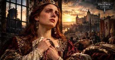 Joana, a Louca, rainha de Castela e Aragão, em representação artística com Filipe, o Belo, ao fundo