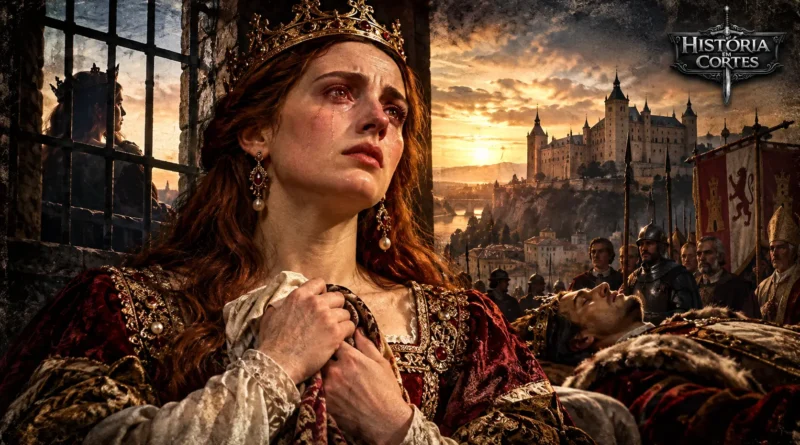 Joana, a Louca, rainha de Castela e Aragão, em representação artística com Filipe, o Belo, ao fundo