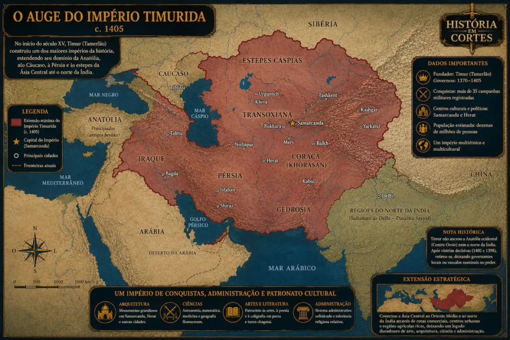 Mapa histórico mostrando a máxima expansão territorial do Império Timurida sob Timur (Tamerlão), com destaque para Samarcanda, Herat, Pérsia, Mesopotâmia, Ásia Central e norte da Índia.