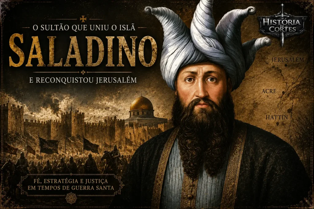 Ilustração de Saladino (Salah ad-Din), fundador da dinastia aiúbida, durante a reconquista de Jerusalém nas Cruzadas.