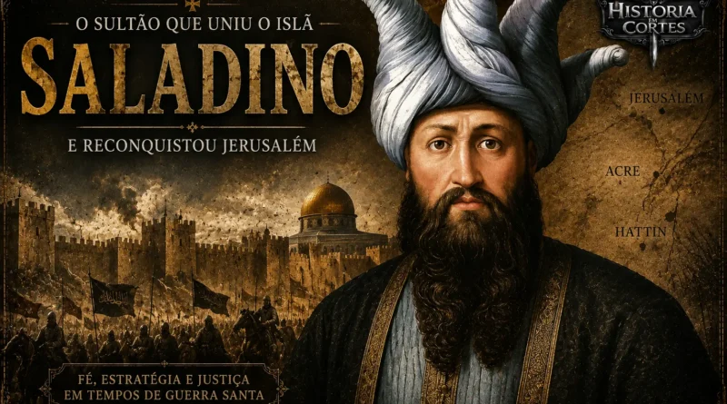 Ilustração de Saladino (Salah ad-Din), fundador da dinastia aiúbida, durante a reconquista de Jerusalém nas Cruzadas.