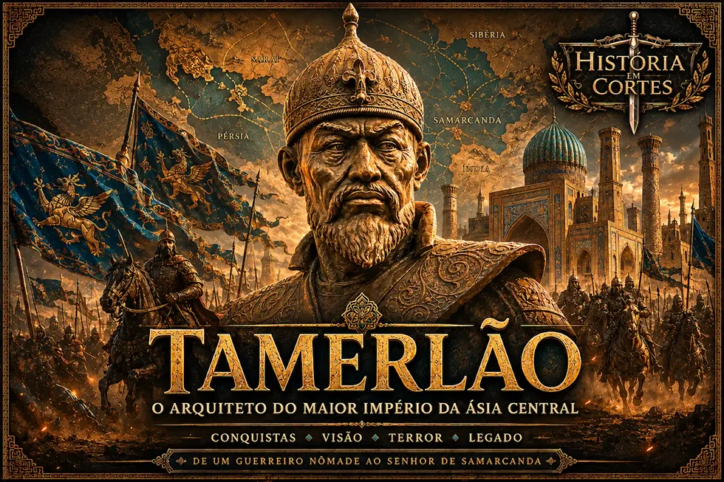 Representação de Tamerlão (Timur), fundador do Império Timurida, diante de Samarcanda e de seu exército, em arte inspirada na Ásia Central medieval.