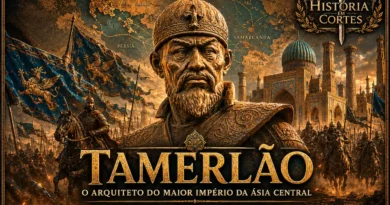Representação de Tamerlão (Timur), fundador do Império Timurida, diante de Samarcanda e de seu exército, em arte inspirada na Ásia Central medieval.