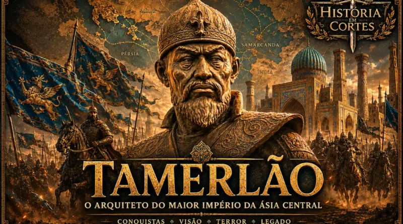 Representação de Tamerlão (Timur), fundador do Império Timurida, diante de Samarcanda e de seu exército, em arte inspirada na Ásia Central medieval.