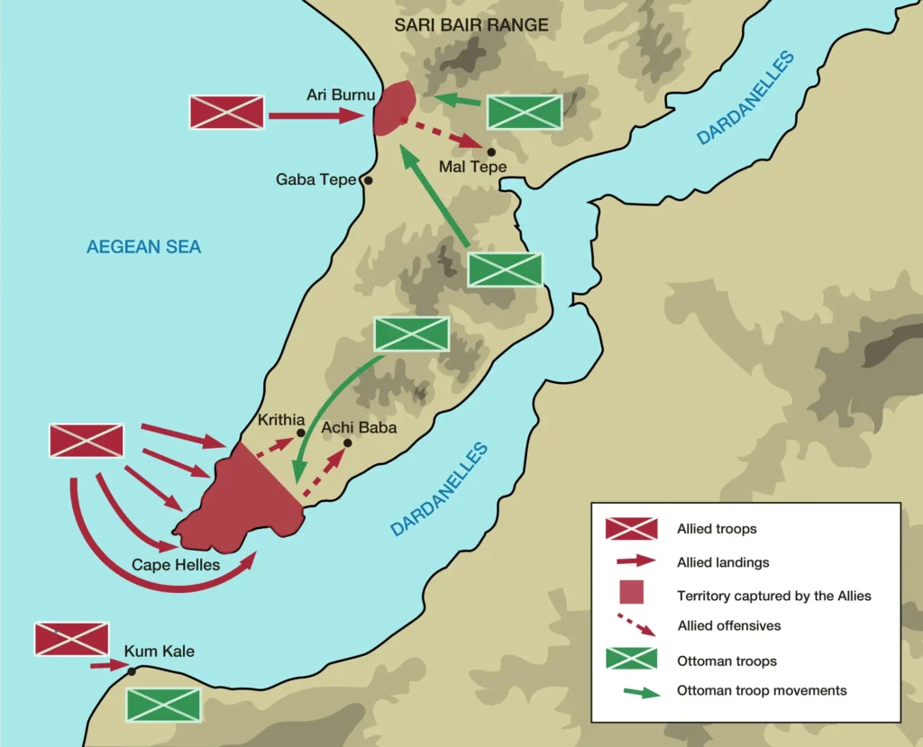 Mapa da Península de Galípoli e o mapa das tropas durante a Batalha de Galípoli