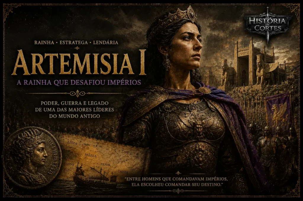 Artemísia I de Cária, rainha guerreira e aliada de Xerxes durante as Guerras Médicas, retratada em composição histórica inspirada no Império Persa.