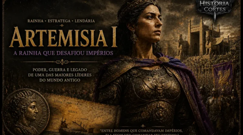 Artemísia I de Cária, rainha guerreira e aliada de Xerxes durante as Guerras Médicas, retratada em composição histórica inspirada no Império Persa.
