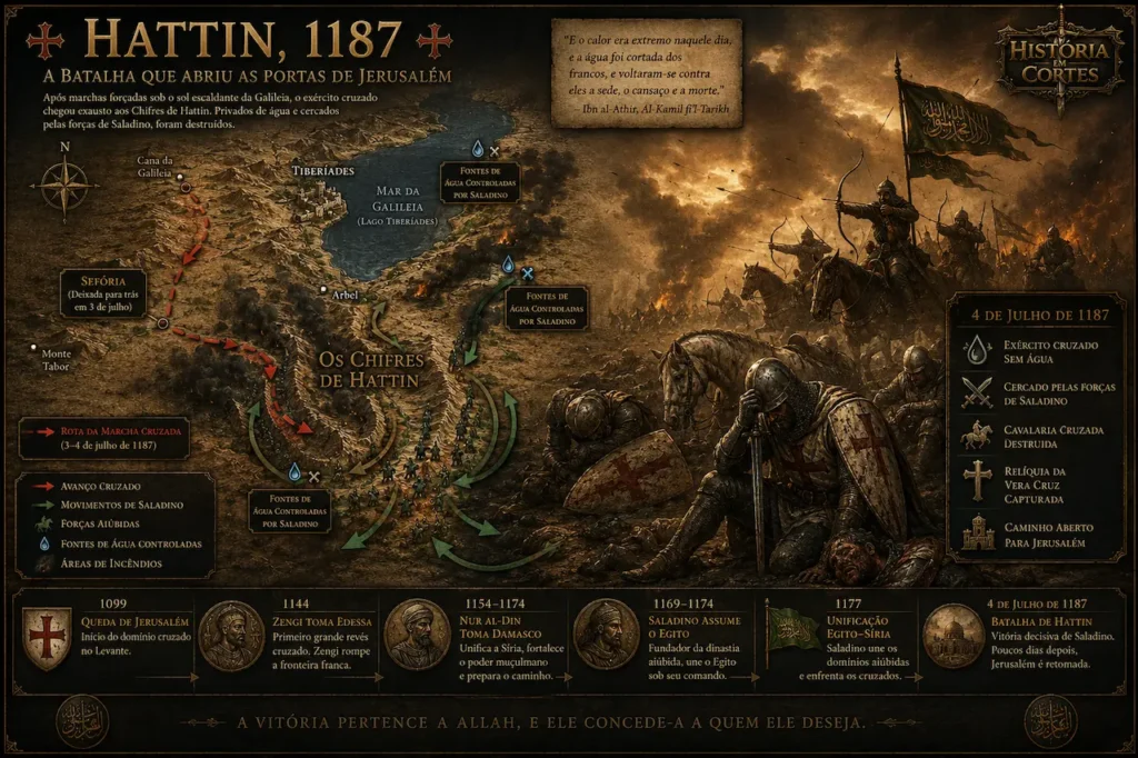 Mapa tático da Batalha de Hattin em 1187 mostrando a marcha dos cruzados, as fontes de água controladas por Saladino, o cercamento nos Chifres de Hattin e a derrota do exército cruzado.