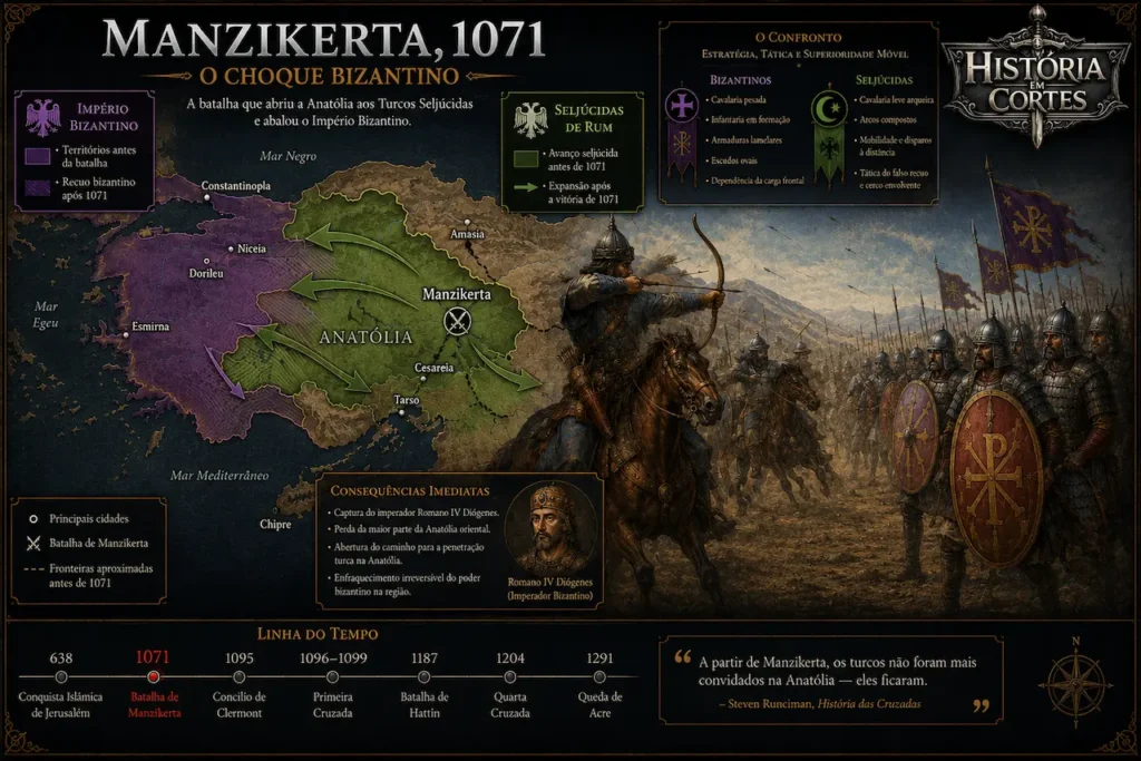 Infográfico sobre a Batalha de Manzikerta em 1071, mostrando o avanço seljúcida na Anatólia, o recuo bizantino e o confronto entre arqueiros montados turcos e soldados bizantinos.