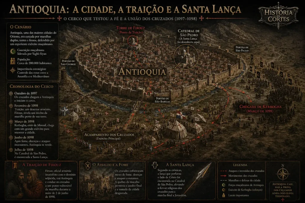 Mapa infográfico do Cerco de Antioquia entre 1097 e 1098 mostrando a Torre de Firouz, os acampamentos cruzados, a chegada de Kerbogha e a Catedral de São Pedro onde foi encontrada a Santa Lança.