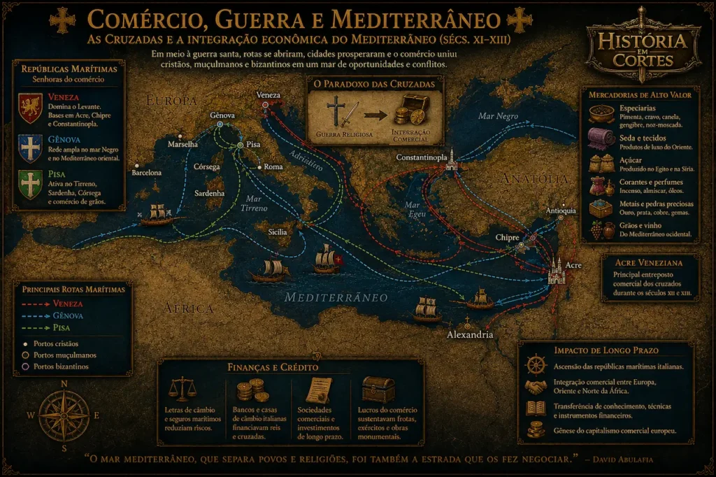 Mapa econômico das Cruzadas mostrando as rotas comerciais de Veneza, Gênova e Pisa para Acre, Constantinopla, Alexandria e Chipre, com destaque para o comércio de especiarias, seda, açúcar e instrumentos financeiros medievais.