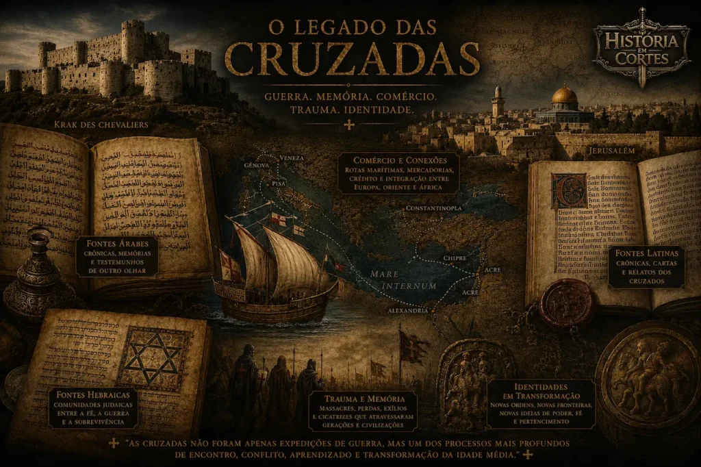 Mapa econômico das Cruzadas mostrando as rotas comerciais de Veneza, Gênova e Pisa para Acre, Constantinopla, Alexandria e Chipre, com destaque para o comércio de especiarias, seda, açúcar e crédito medieval.