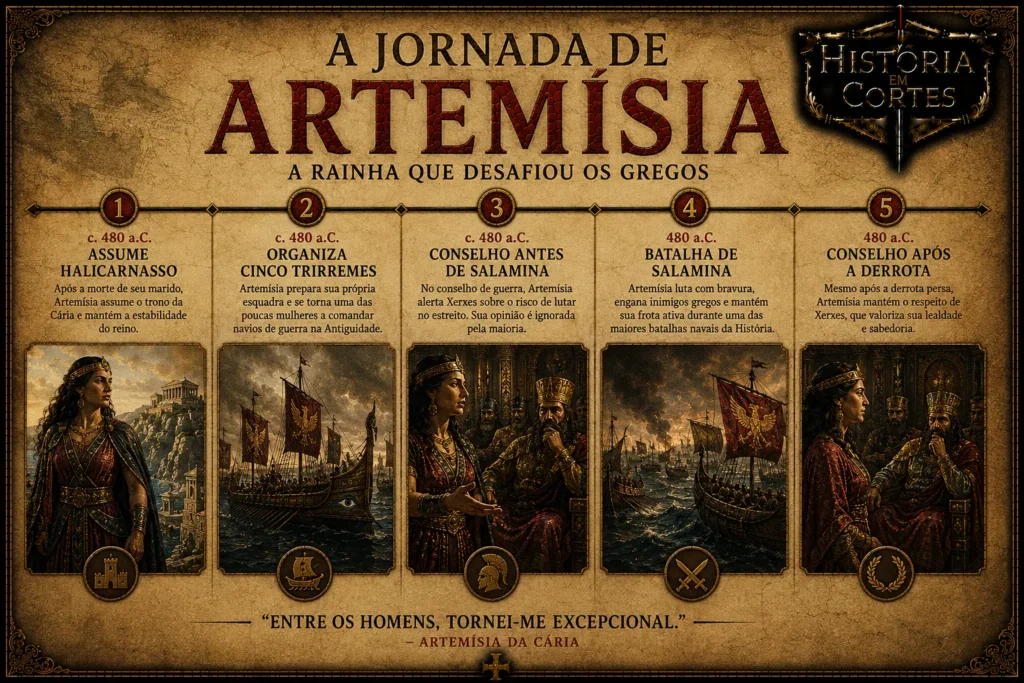 Linha do tempo ilustrada mostrando os principais acontecimentos da vida de Artemísia da Cária.