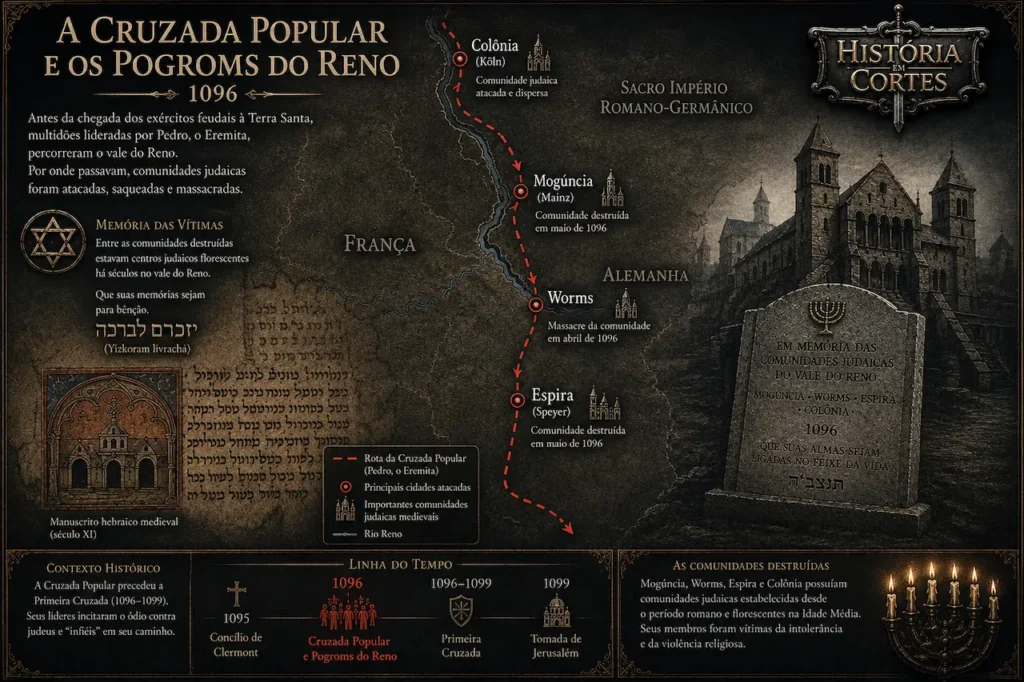 Mapa memorial dos pogroms do Reno em 1096, mostrando Espira, Worms, Mogúncia e Colônia, com rotas da Cruzada Popular e referências às comunidades judaicas medievais afetadas.