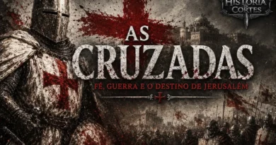 Capa sobre as Cruzadas mostrando capacete templário, mapa medieval da rota para Jerusalém, cruz vermelha e elementos da guerra santa medieval.