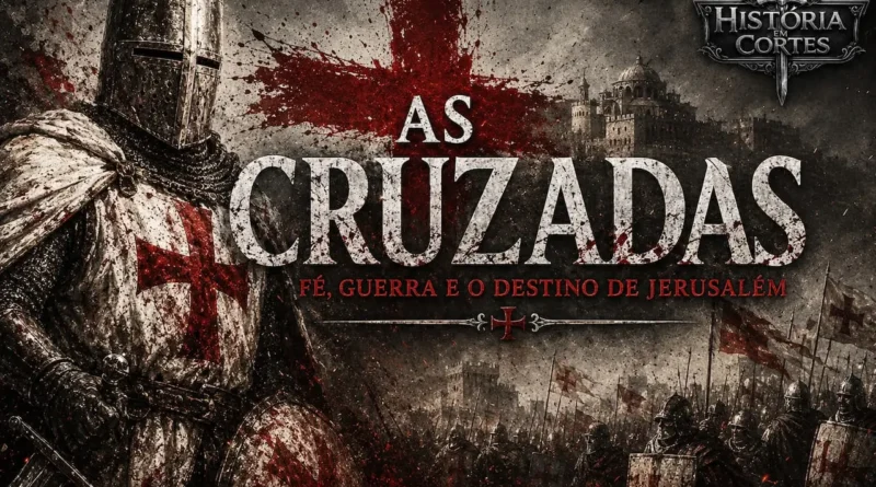 Capa sobre as Cruzadas mostrando capacete templário, mapa medieval da rota para Jerusalém, cruz vermelha e elementos da guerra santa medieval.