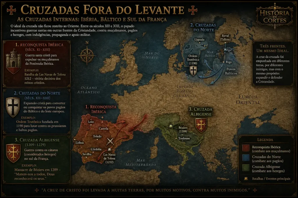 Mapa comparativo mostrando a Reconquista Ibérica, as Cruzadas do Norte no Báltico e a Cruzada Albigense no sul da França durante a Idade Média.