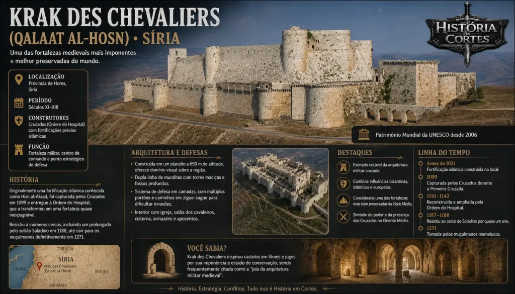 Infográfico sobre Krak des Chevaliers (Qalaat al-Hosn), fortaleza cruzada medieval localizada na Síria e considerada um dos castelos mais bem preservados do mundo.