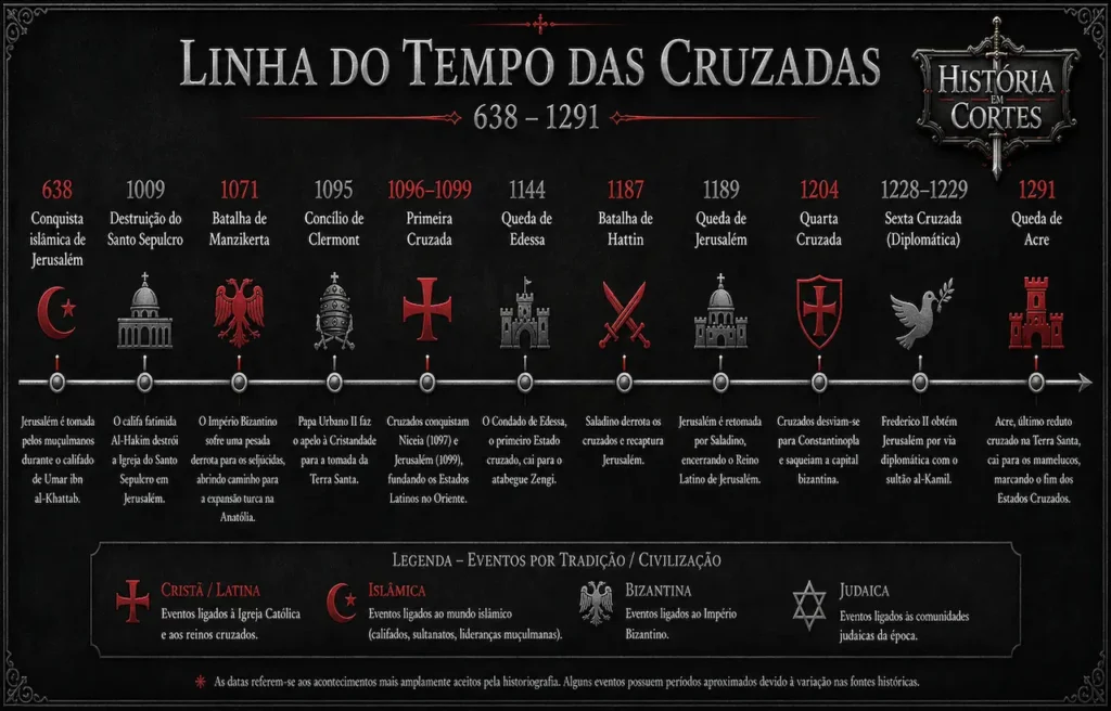 Linha do tempo das Cruzadas entre 638 e 1291, com marcos como Manzikerta, Concílio de Clermont, Primeira Cruzada, Hattin, Quarta Cruzada e queda de Acre.