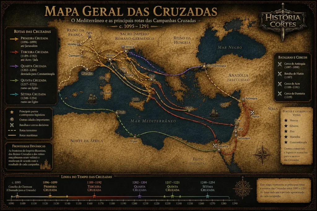 Mapa histórico das Cruzadas mostrando as principais rotas terrestres e marítimas entre Europa, Bizâncio, Levante e Egito, entre 1095 e 1291.