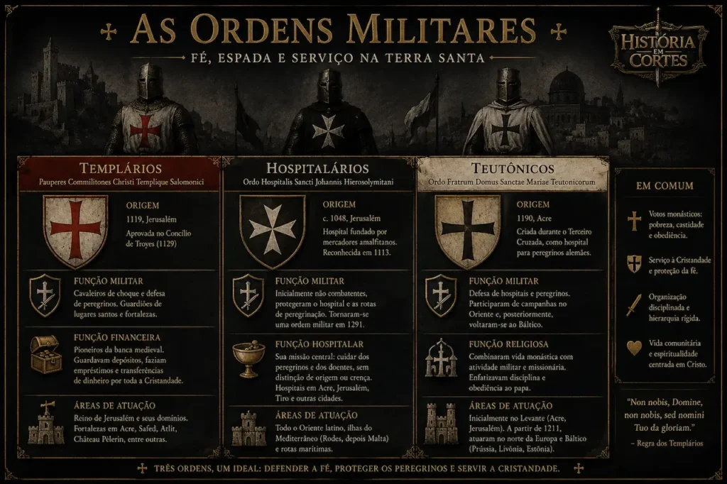 Infográfico comparando as Ordens Militares das Cruzadas — Templários, Hospitalários e Teutônicos — com origem, funções militares, hospitalares, financeiras e áreas de atuação.