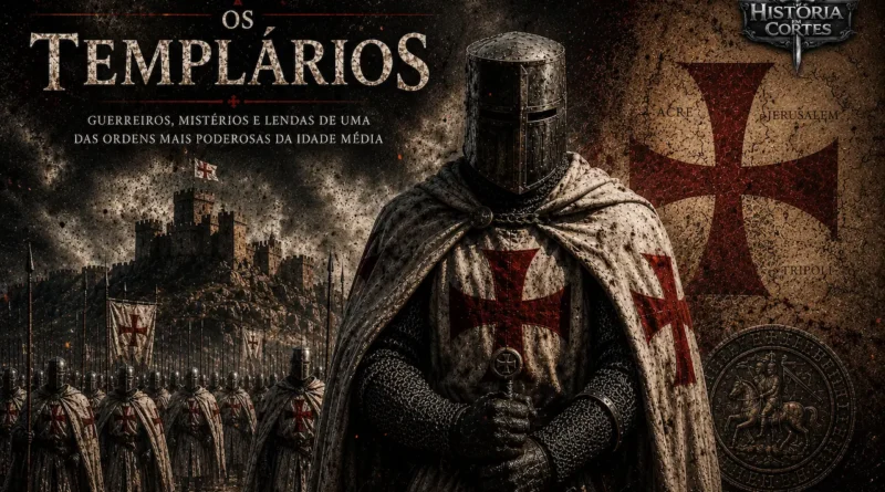 Cavaleiro templário em destaque diante de um castelo e de um mapa dos Estados Cruzados, ilustrando os mistérios e a história da Ordem dos Templários.
