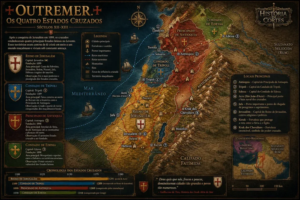 Mapa histórico de Outremer mostrando os quatro Estados Cruzados — Reino de Jerusalém, Condado de Trípoli, Principado de Antioquia e Condado de Edessa — com cidades, fortalezas e rotas comerciais do Levante medieval.