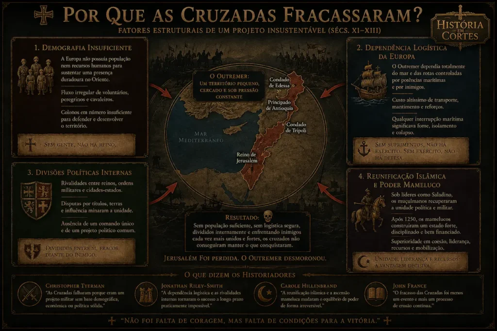 Infográfico explicando os principais fatores do fracasso das Cruzadas, incluindo demografia insuficiente, dependência logística da Europa, divisões políticas internas e reunificação islâmica liderada por Saladino e pelos mamelucos.