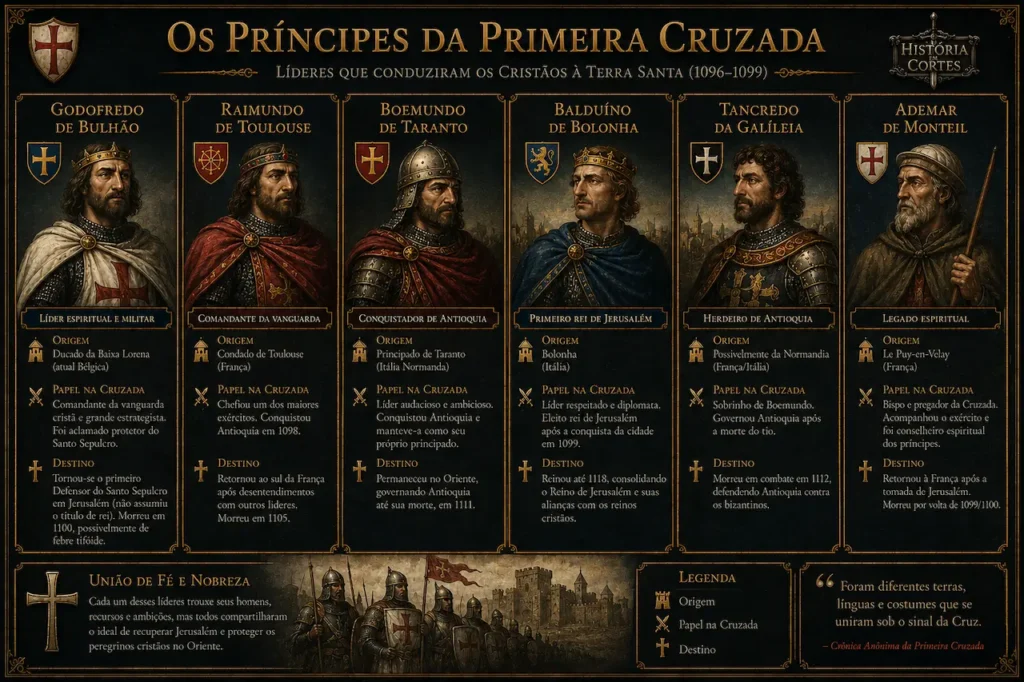 Infográfico mostrando os principais líderes da Primeira Cruzada, incluindo Godofredo de Bulhão, Raimundo de Toulouse, Boemundo de Taranto, Balduíno de Bolonha, Tancredo e Ademar de Monteil.