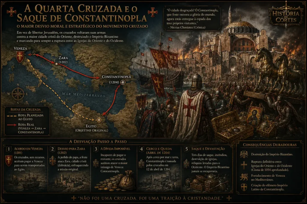 Infográfico sobre a Quarta Cruzada mostrando a rota desviada de Veneza para Zara e Constantinopla, além do saque da cidade em 1204 diante da Hagia Sophia.