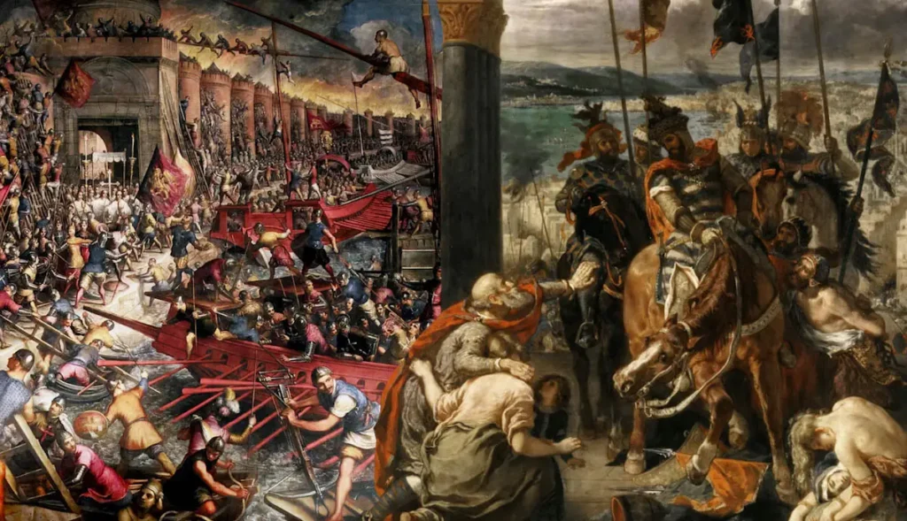 Saque de Constantinopla por Palma Le Jeune e Crusade de 1204, por Tintoretto
