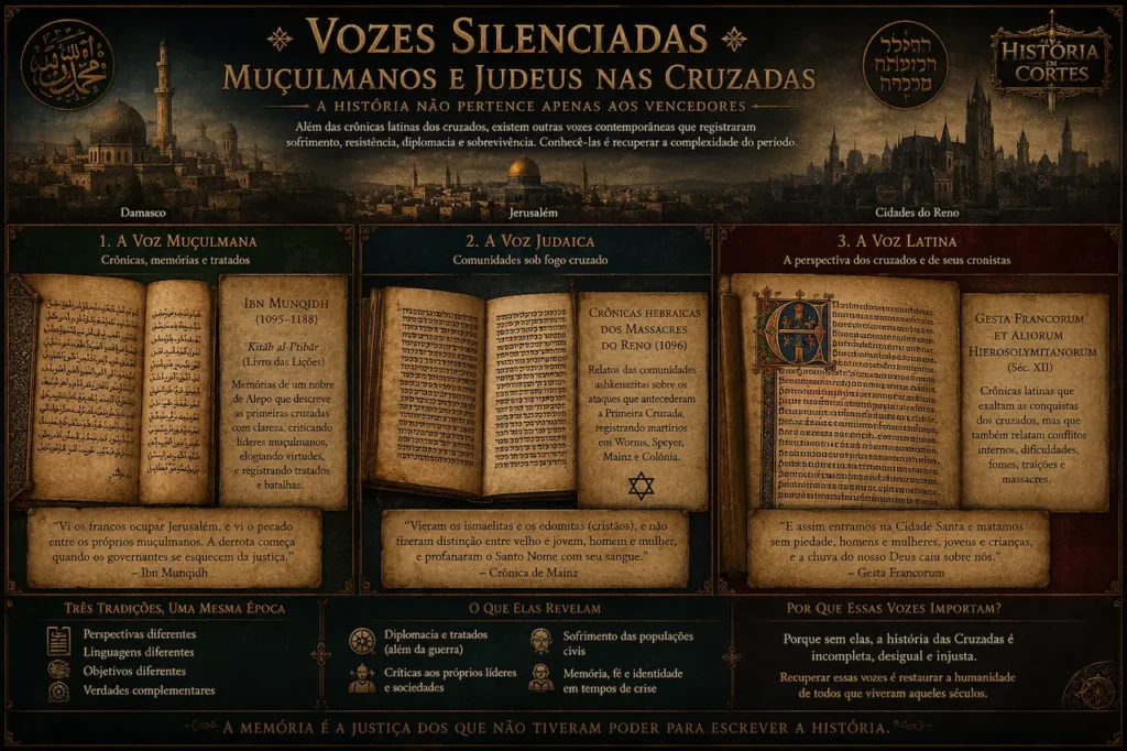 Painel documental comparando manuscritos árabes, hebraicos e latinos sobre as Cruzadas, com referências a Ibn Munqidh, crônicas judaicas do Reno e Gesta Francorum.