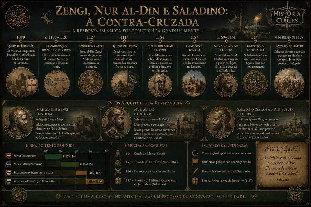 Linha do tempo mostrando a ascensão de Zengi, Nur al-Din e Saladino entre 1099 e 1187, destacando a queda de Edessa, a unificação da Síria e do Egito e a vitória islâmica na Batalha de Hattin.