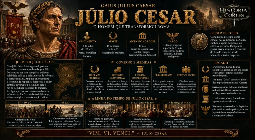 Infográfico sobre Júlio César, suas conquistas na Gália, guerra civil, reformas e transformação da República Romana.