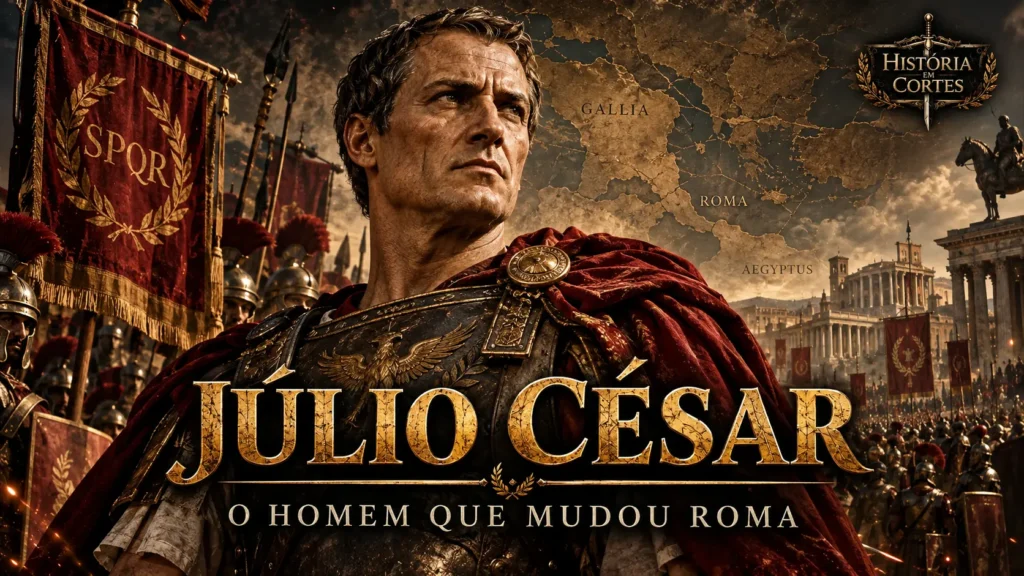 Júlio César diante das legiões romanas e de Roma, representando suas conquistas e ascensão política