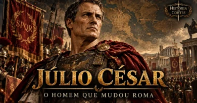 Júlio César diante das legiões romanas e de Roma, representando suas conquistas e ascensão política