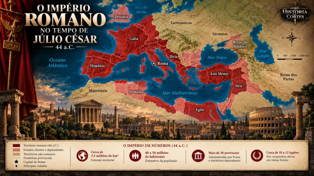 Mapa do território romano no tempo de Júlio César em 44 a.C.